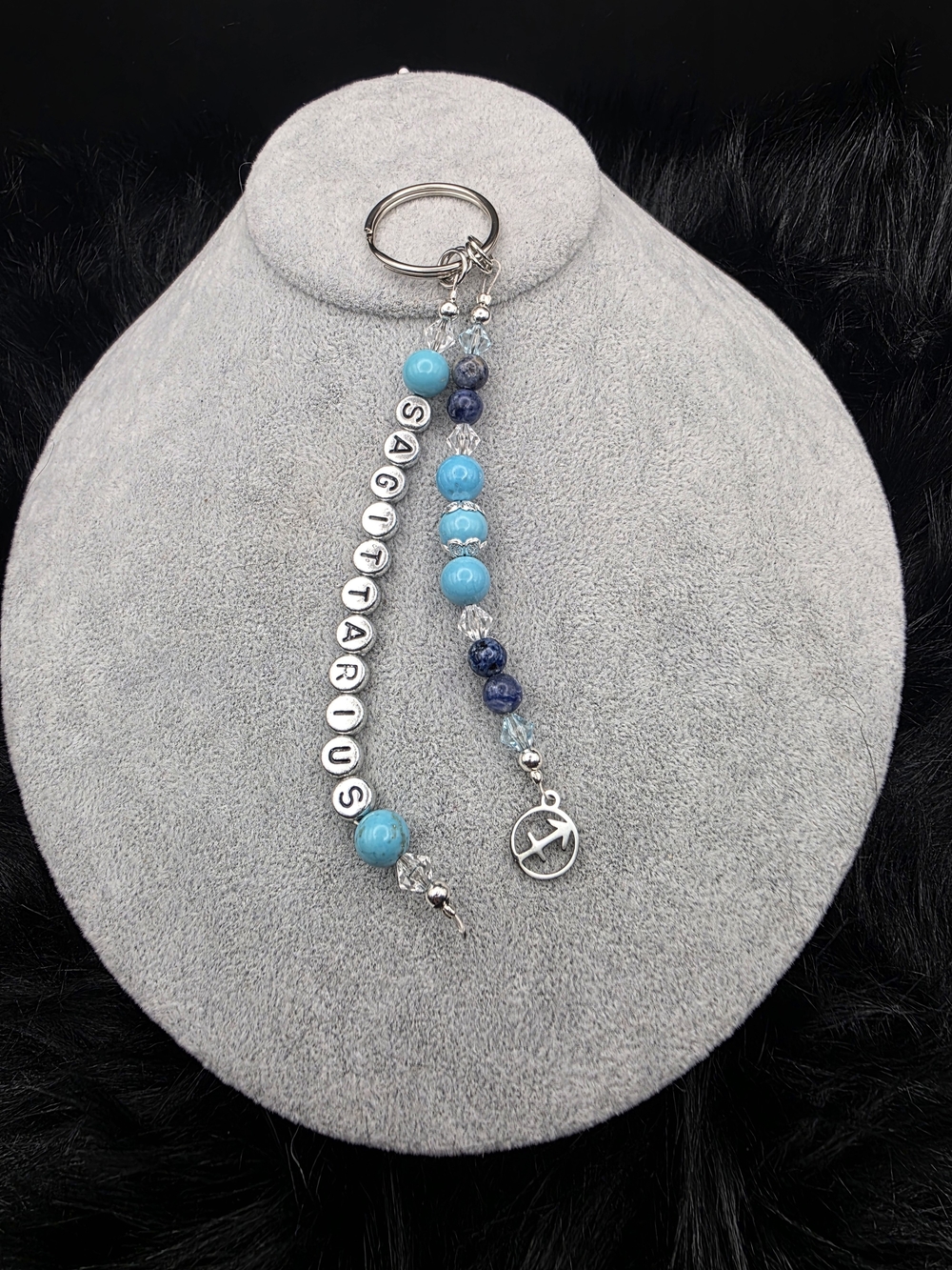 Personalized Sagittarius Blue Beaded Keychain